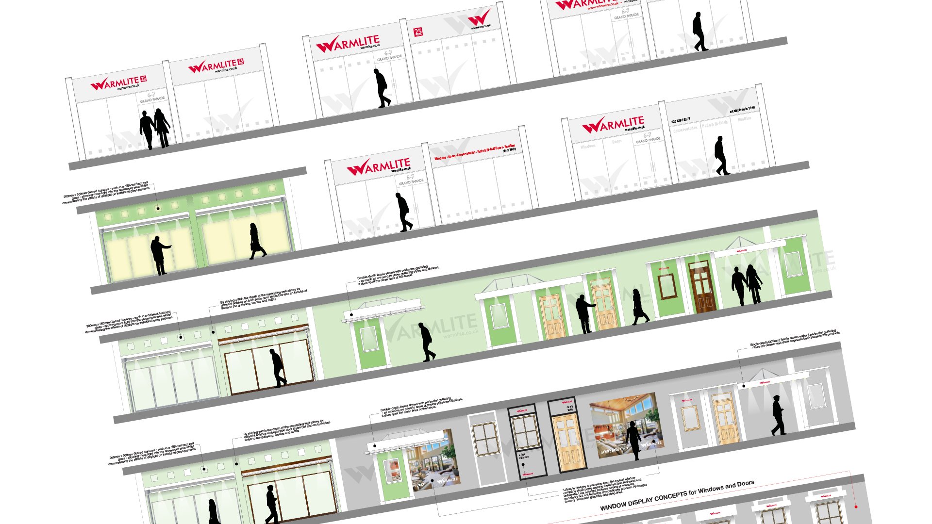 Design concept sketch of storefront and window displays for Warmlite, an interior design and home decor company, showing multiple elevation views, window styles, doors, and interior decor images with silhouettes of people.