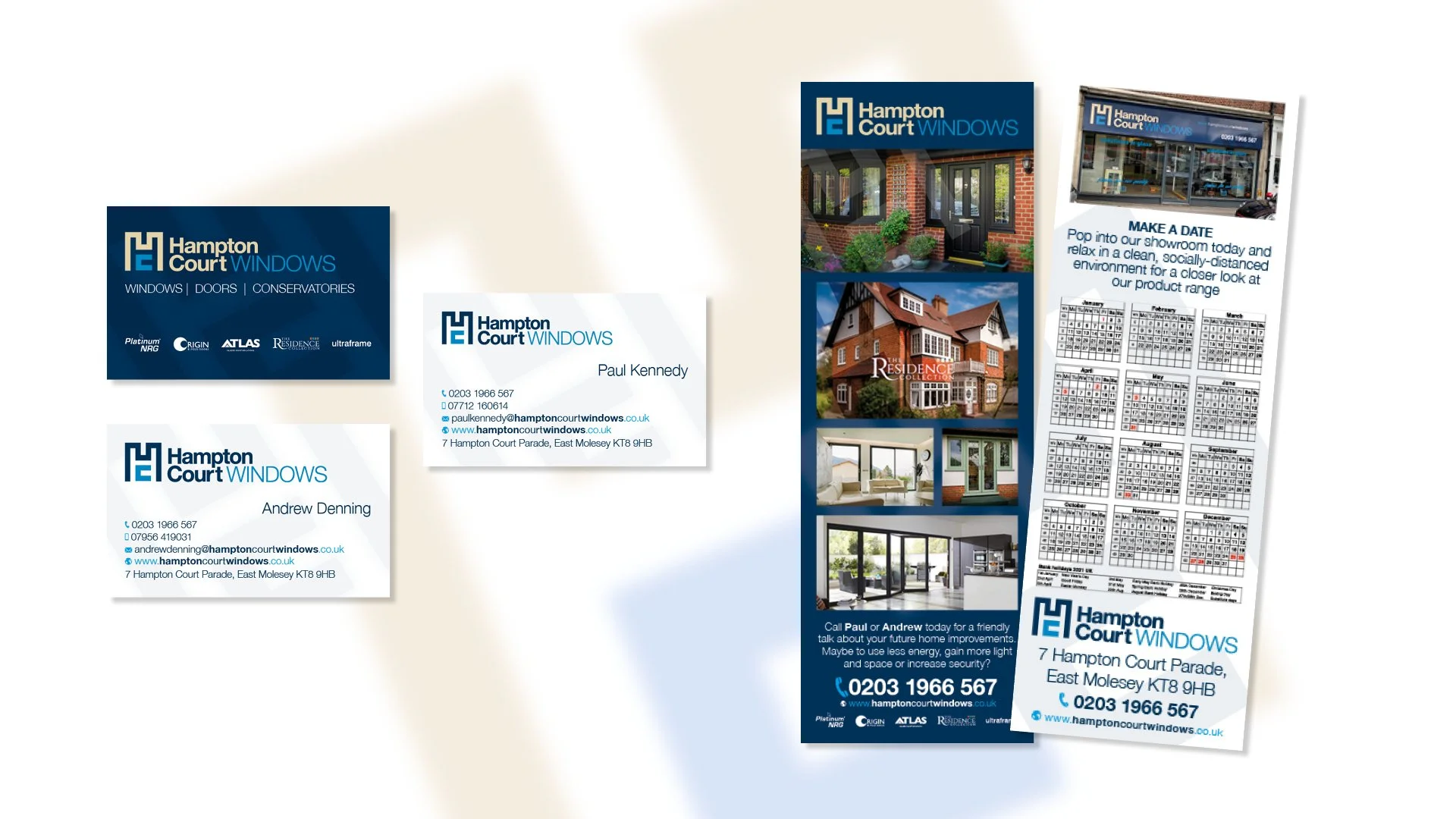 Collection of marketing materials for Hampton Court Windows, including business cards, a brochure with home renovation images, and a calendar flyer.