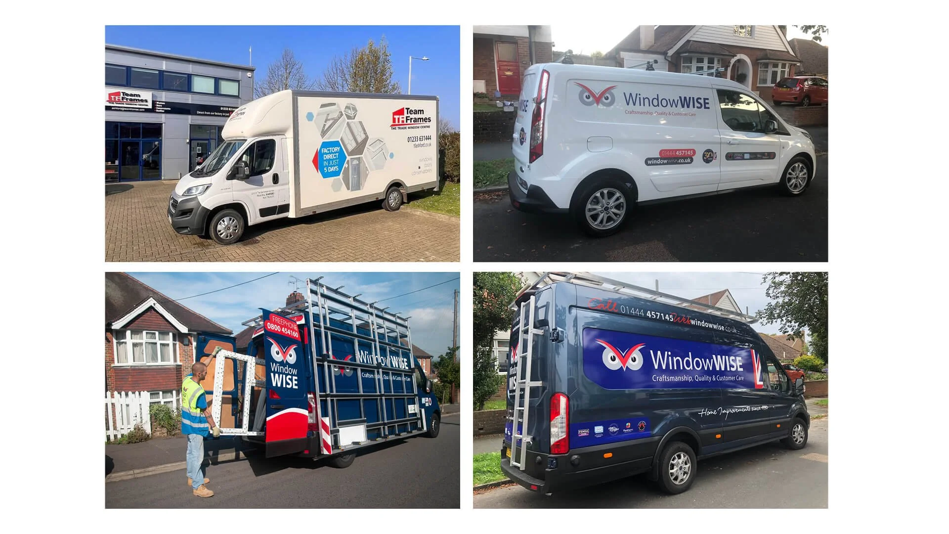 Four different delivery vans and trucks, each branded with the logo and information of WindowWISE, a window craftsmanship and care company.