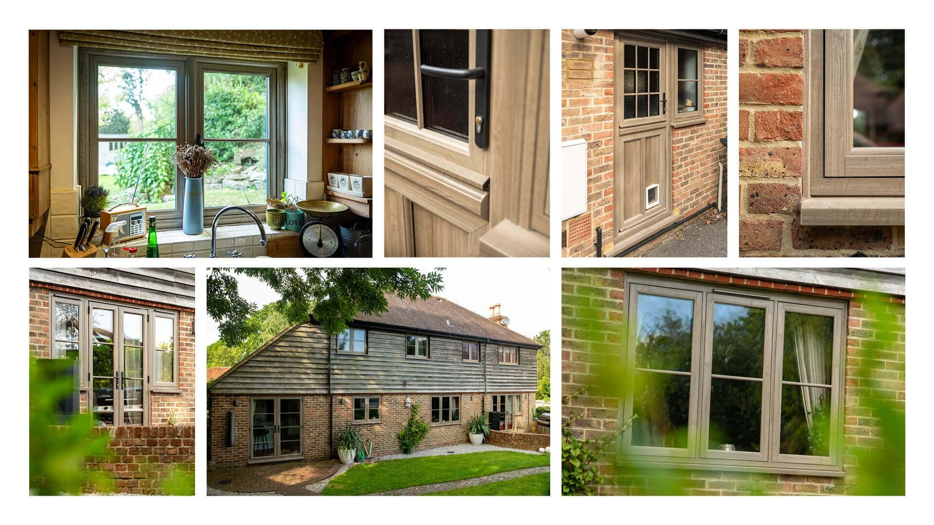 Photos of a house with various windows and doors, including close-ups of window frames and exterior brick and woodwork, along with a view of the backyard with green lawn.