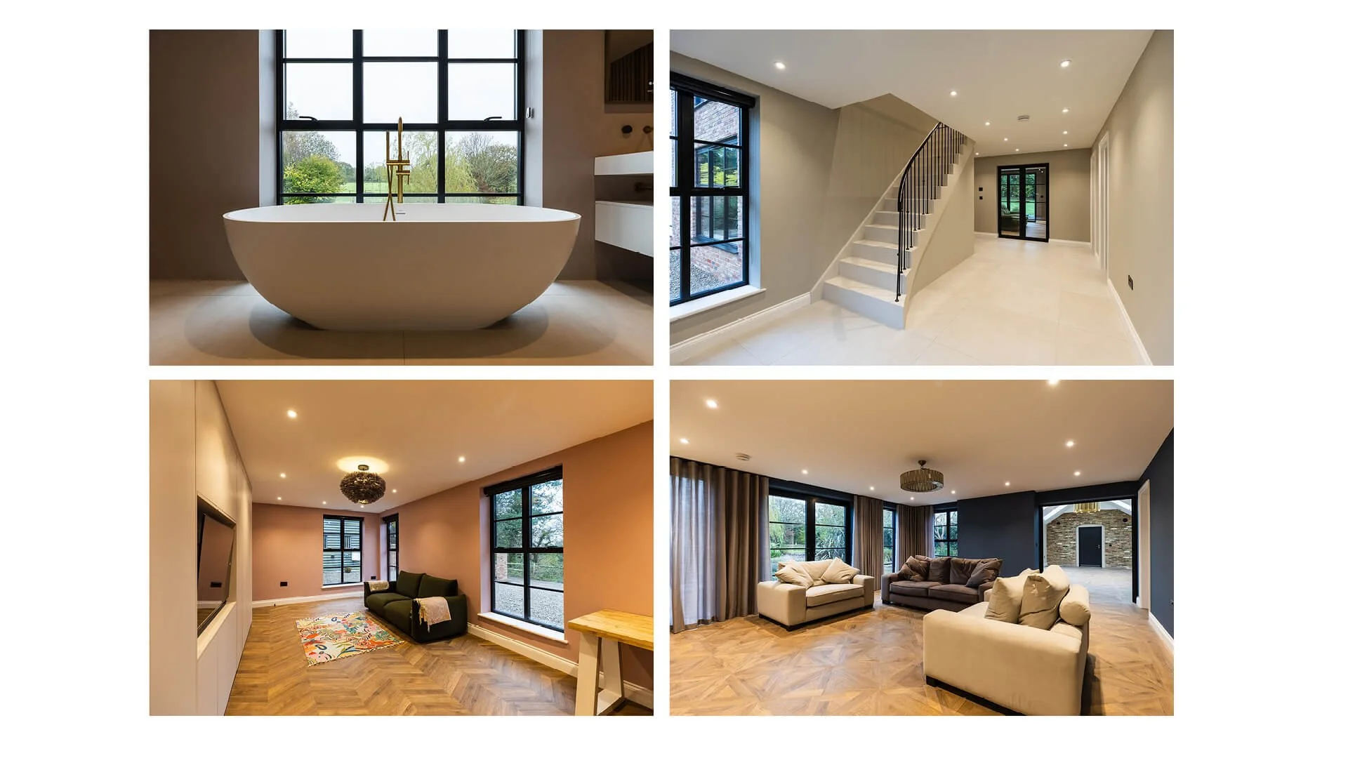 Collage of four images showing modern interior spaces: top-left features a freestanding bathtub with a large window background; top-right shows a stairway and entryway with black framed glass doors; bottom-left depicts a cozy living room with a black sofa, colorful rug, and large window; bottom-right displays a spacious living area with multiple sofas, wood flooring, and large windows with curtains.