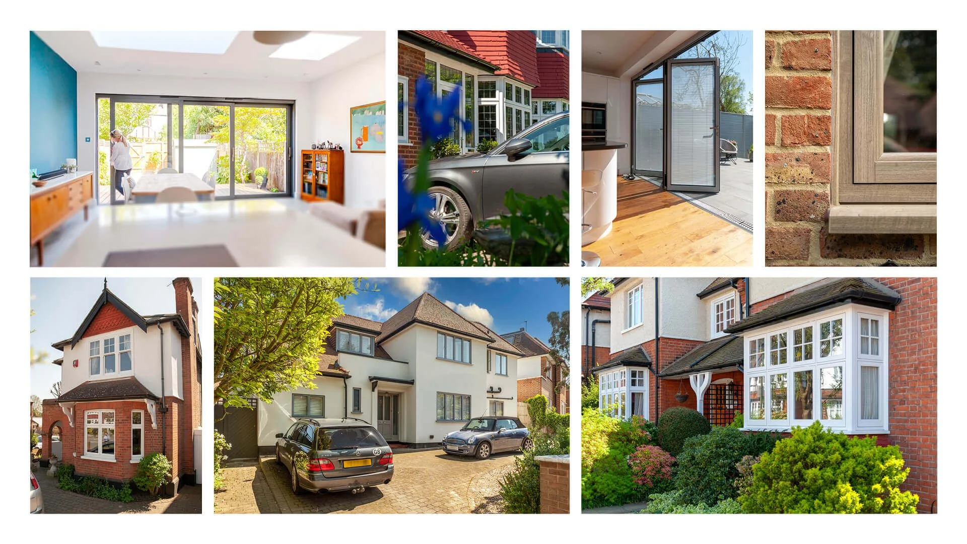 A collage of eight pictures of houses, interiors, exteriors, and a garden, including a living room with large glass doors leading to a patio, a close-up of a car parked outside, a kitchen with an open door to the patio, a brick window, a two-story house, a modern white house with a driveway and parked cars, and a traditional red-brick house with a garden.