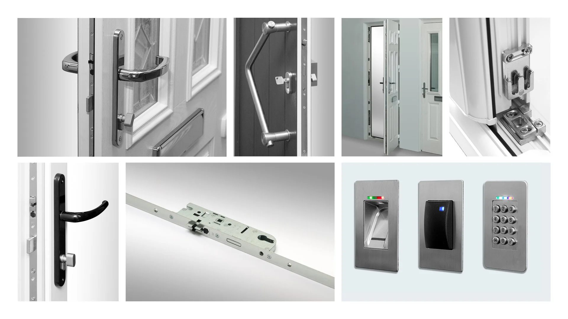 Collection of door hardware, including locks, handles, hinges, security keypads, electronic access control devices, and door frames.