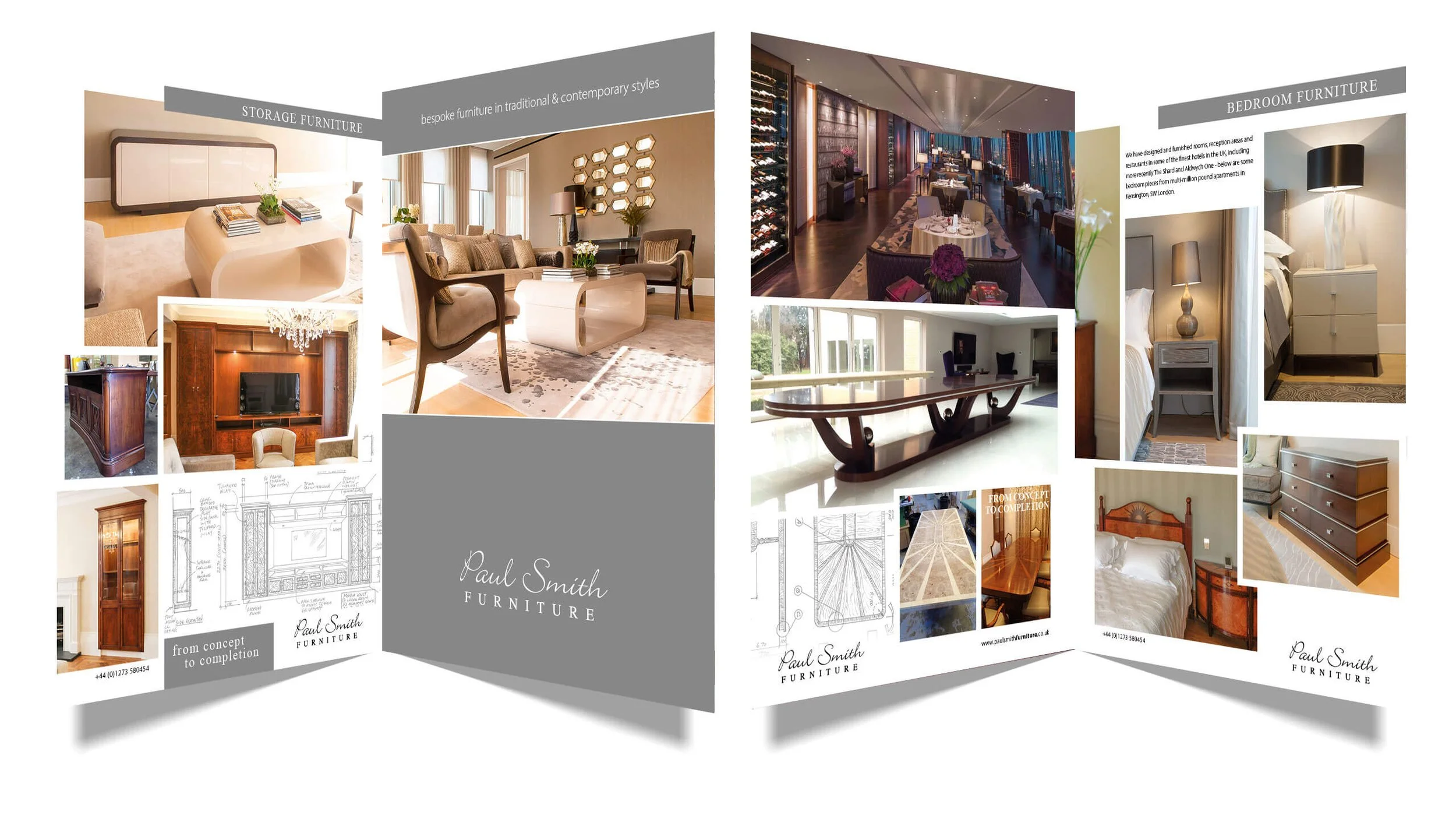 Brochure showcasing furniture designs, including living room seating, bedroom furniture, and dining areas, with images of furniture pieces, room layouts, and sketches.