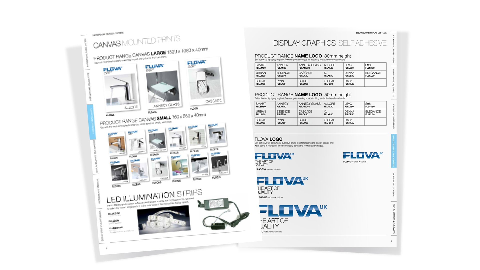 Product catalog sheets showing faucet and LED lighting options from Flova, including different sizes, styles, and display system information.