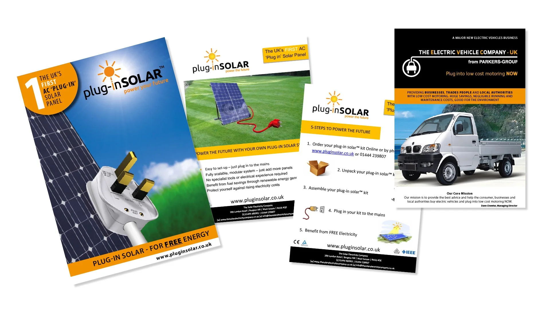 Collection of brochures promoting plug-in solar panels, including images of solar panels and electrical plugs, with information about installation, benefits, and company contact details.