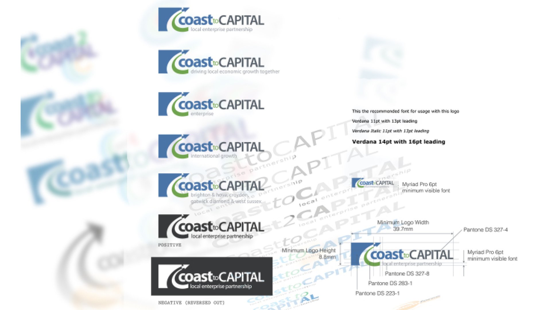 Various versions of the Coast to Capital logo with different colors, font sizes, and layouts, demonstrating branding guidelines for use.