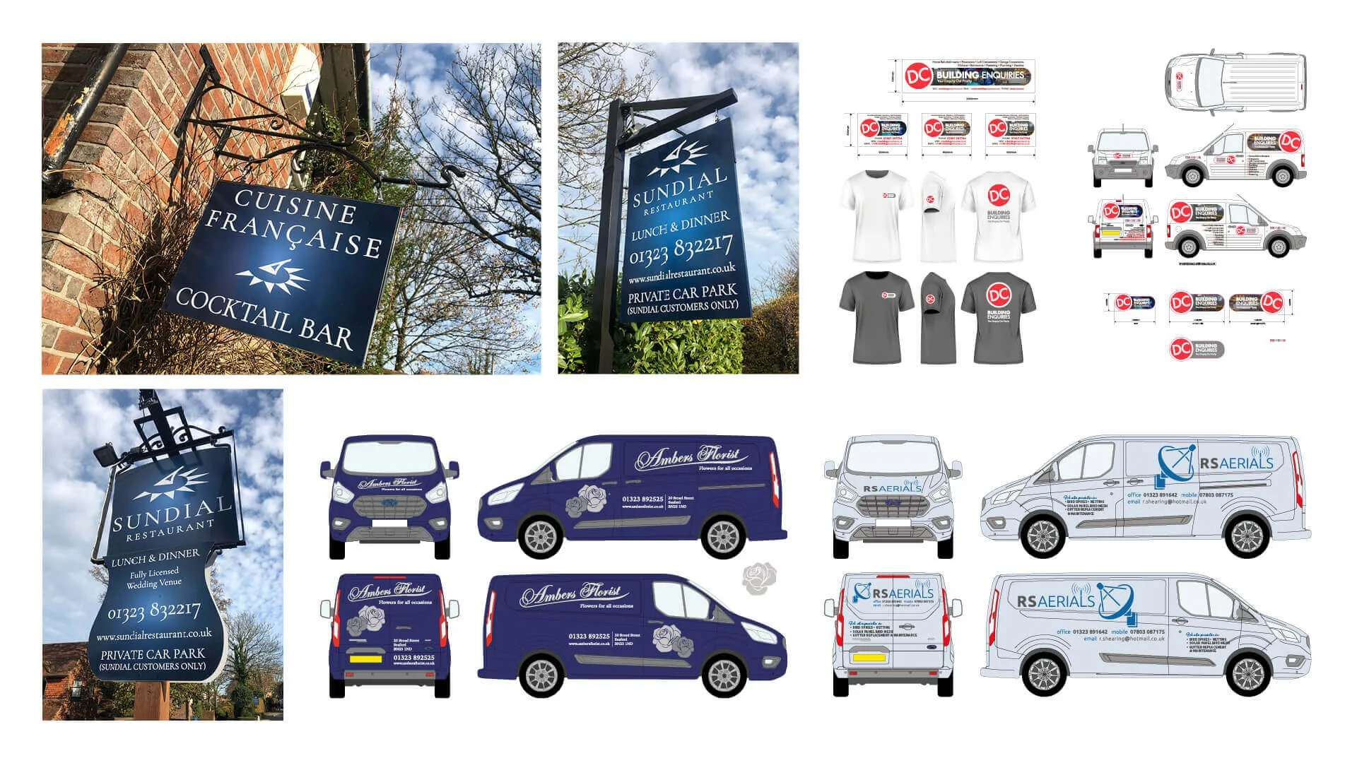 A collage of branding materials for Sundial Restaurant and Ambers Florist, including hanging signs, vehicle decals, and clothing with logos and contact information.