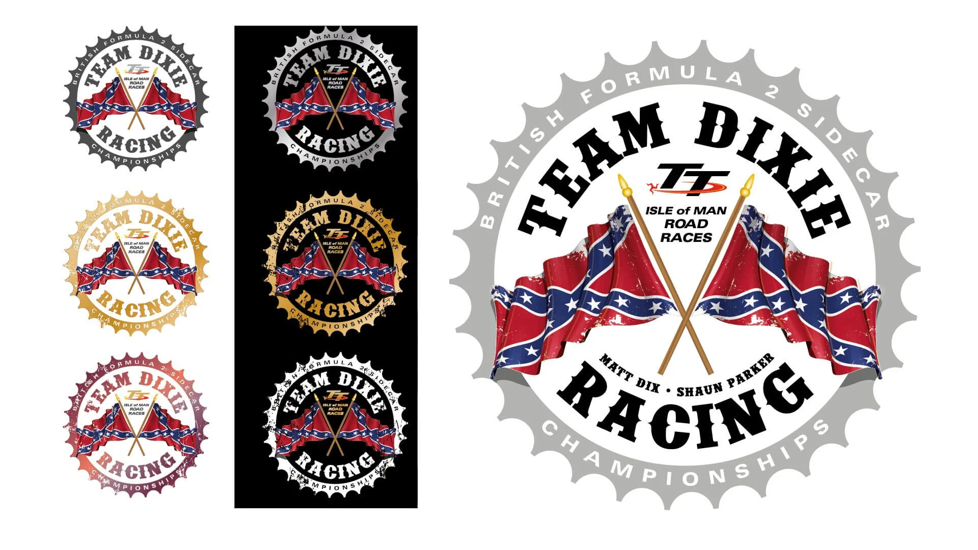 Set of eight colorful postage stamp designs for Team Dixie Racing Championships, featuring crossed Confederate flags with blue backgrounds and white stars, and the text "Team Dixie Racing" and "Championships." The central image is a large round logo with crossed Confederate flags and the words "Team Dixie" and "Racing."