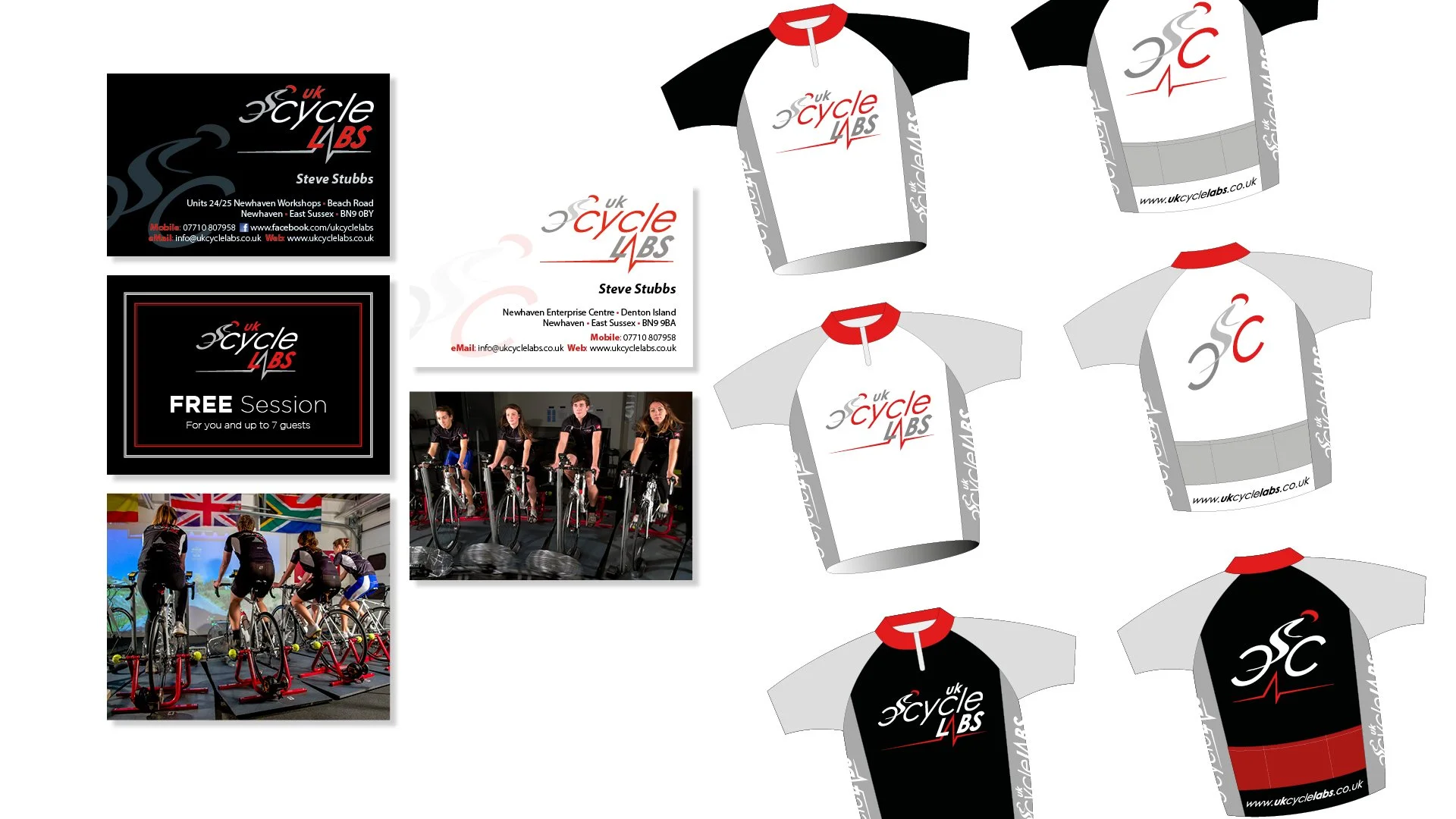 A collection of promotional items for UK Cycle Labs, including business cards, a flyer, and cycling jerseys. The jerseys are gray, black, and red with the company's logo and website. The flyer shows business contact details and a photograph of people using exercise bikes.