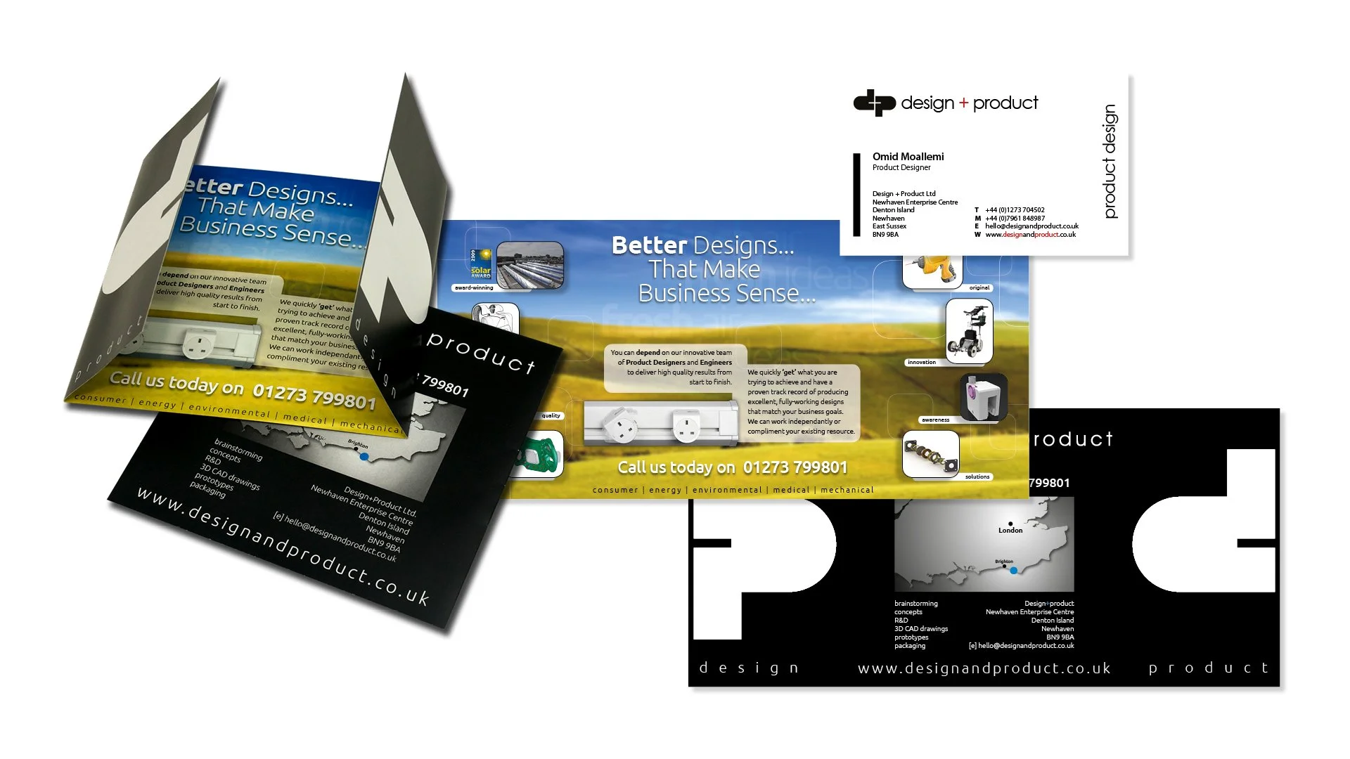 A set of business marketing flyers or brochures for a company called Design & Product, featuring colorful design elements, images of electrical outlets, a smartphone, and a map of the UK, with contact information and services listed.