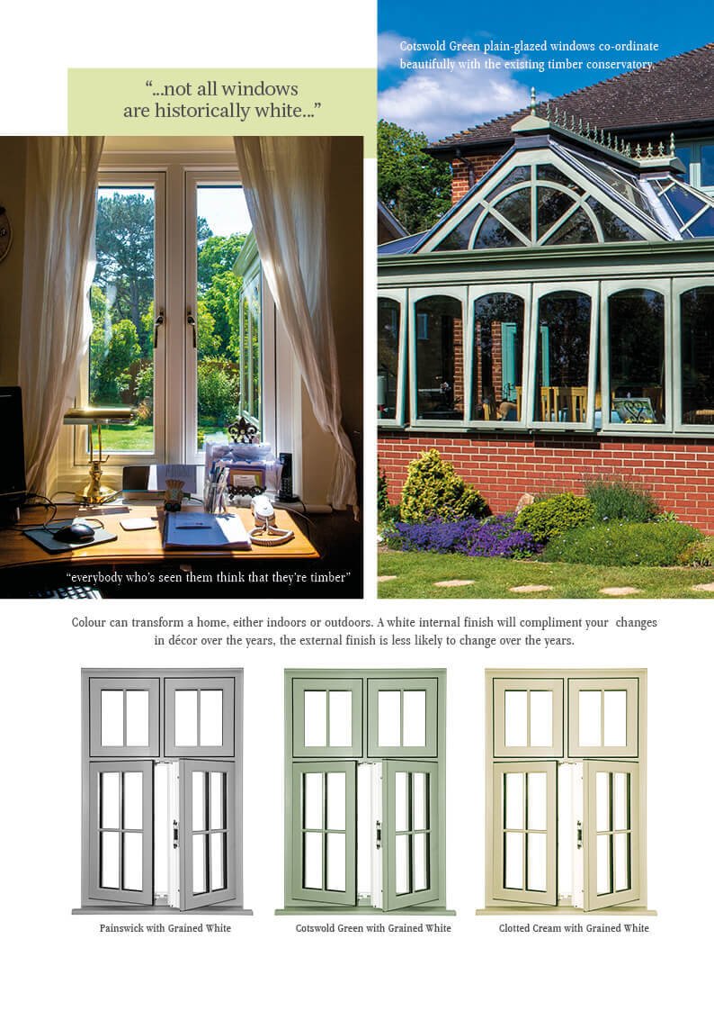 A collage showing a home interior with a window, a quote about windows not being all white, an exterior view of a conservatory with glass windows, and three different colored window designs labeled Painswick, Cotswold Green, and Clotted Cream, all wi