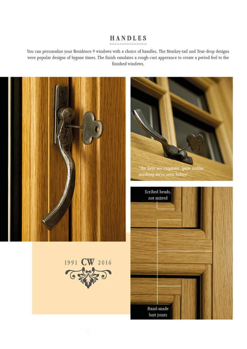 Close-up of a wooden window handle with a vintage key and detailed woodwork, emphasizing handcrafted joints and scribbled beads. The text discusses customizing Residence 9 windows and highlights the craftsmanship of the handles.