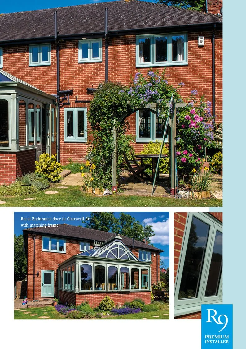 A backyard with a brick house featuring a conservatory and a garden with colorful flowers. The image includes a close-up of a door with a matching frame, and the bottom right corner has a logo reading 'RG Premium Installer.'