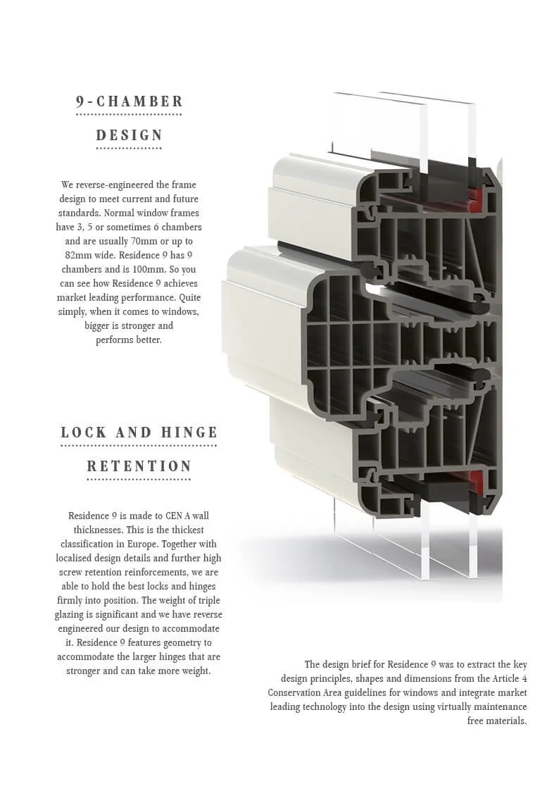 Cross-section of a window frame showing frame construction, chambers, and locking mechanisms with descriptive text about design and features.