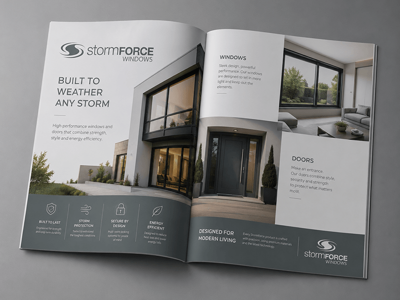 Open brochure featuring Stormforce Windows and Doors, showcasing modern home exterior with large windows and entrance door, emphasizing durability, style, and energy efficiency.