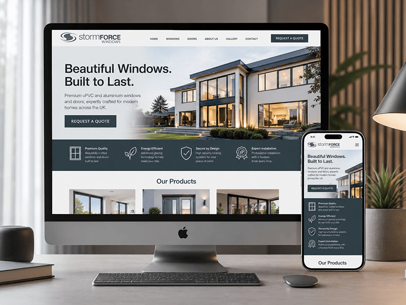 Computer and smartphone displaying a website for StormForce Windows, showcasing modern home windows and doors.