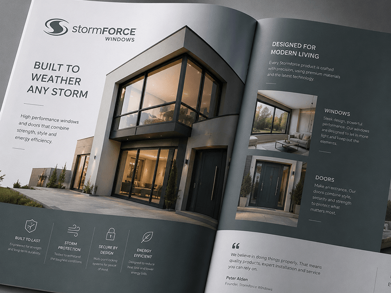 Open magazine showing an advertisement for Stormforce Windows featuring a modern house with large windows and doors.