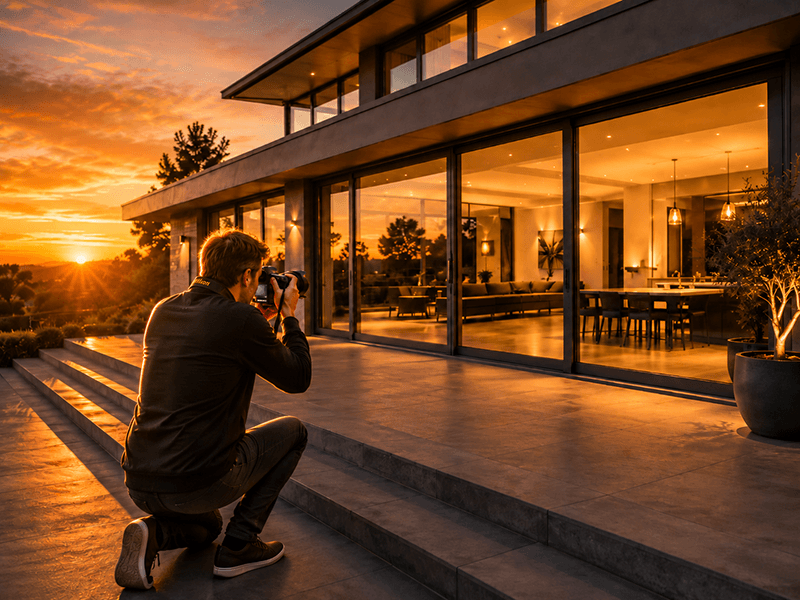 A man is taking a photograph of a modern house during sunset. The house has large glass windows and warm interior lighting.