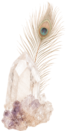 A surreal image of a figure with a peacock feather as a head and a stone body, standing on a cluster of crystals.