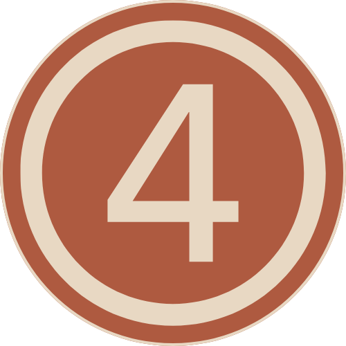A circular badge with a brown background and a beige border, featuring the number 4 in the center.