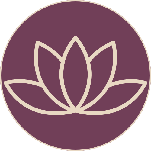 Minimalist logo of a lotus flower inside a dark purple circle.