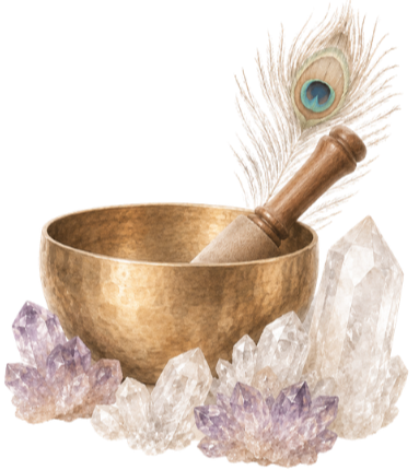 A brass singing bowl with a wooden striker resting inside, surrounded by clear quartz crystals and amethyst clusters, and a peacock feather placed inside the bowl.