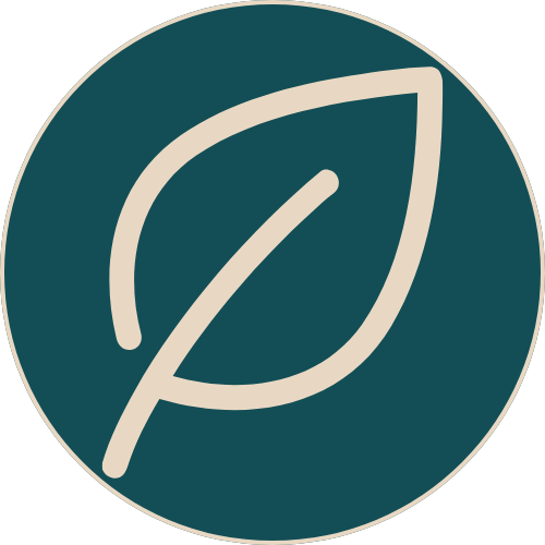 A circular logo with a stylized leaf design inside.