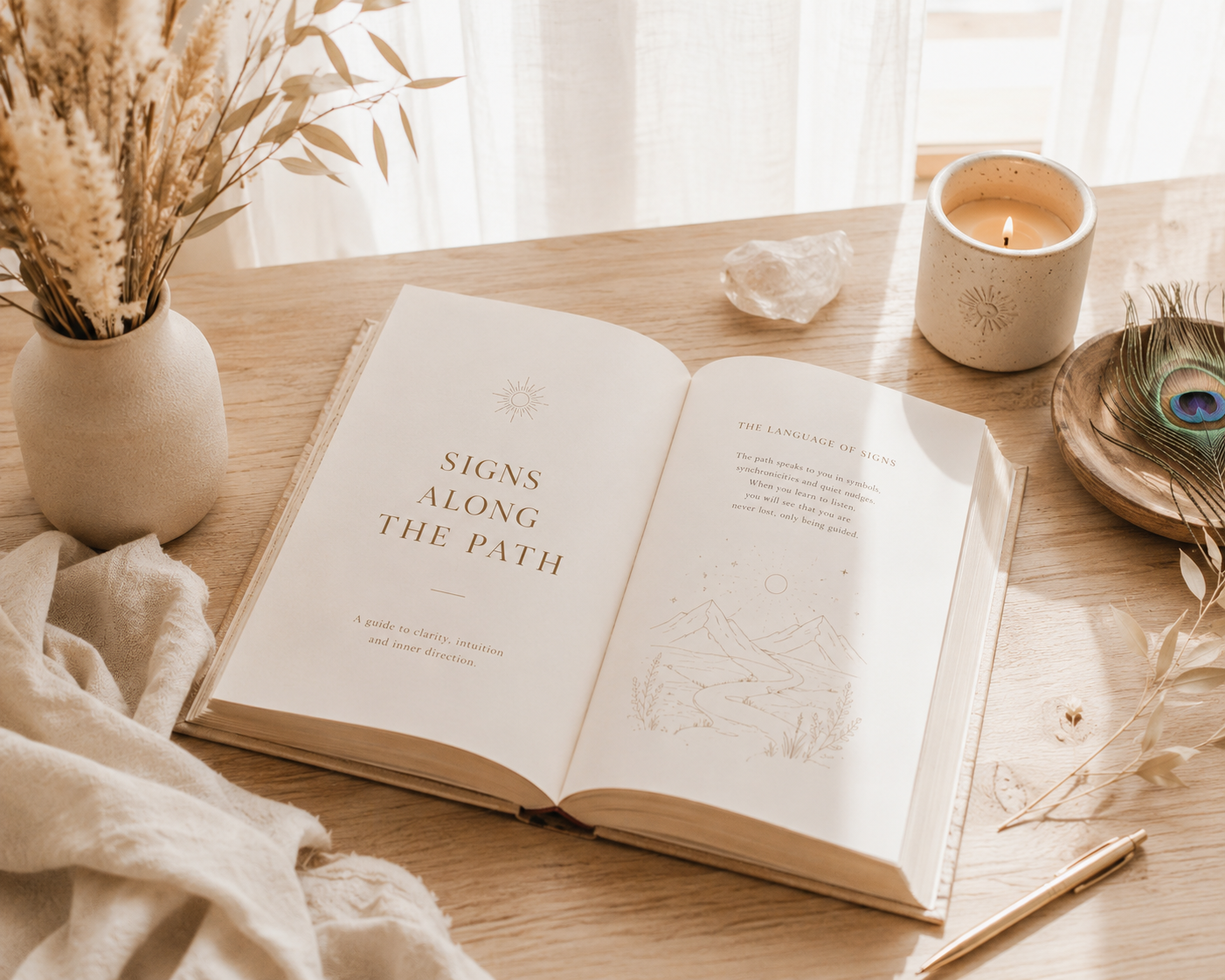Open book titled 'Signs Along the Path' on a wooden table, with a vase of dried flowers, a lit candle, a peacock feather, a crystal, and a pen nearby, in a bright room with natural light.