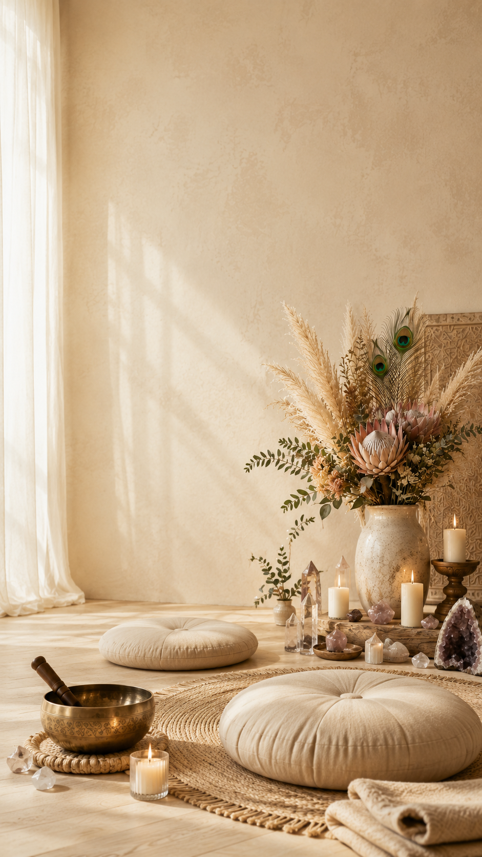 A decoratively arranged room with a large bouquet of flowers, pampas grass, and peacock feathers in a large vase. Candles and crystals are placed around, with cushioned seats on a woven rug, creating a calming, bohemian atmosphere.