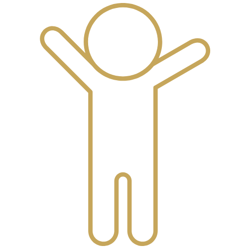 Outline of a happy person with arms raised, in gold color.