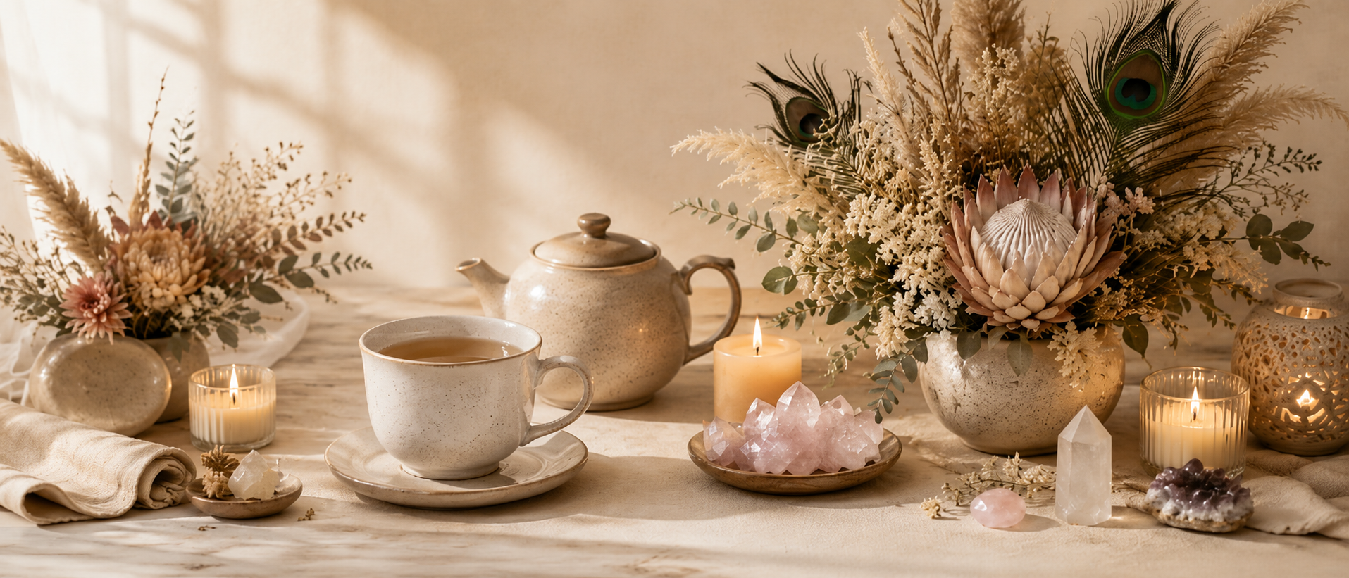 Decorative table arrangement with teapot, cup of tea, candles, crystals, flowers, and peacock feathers.