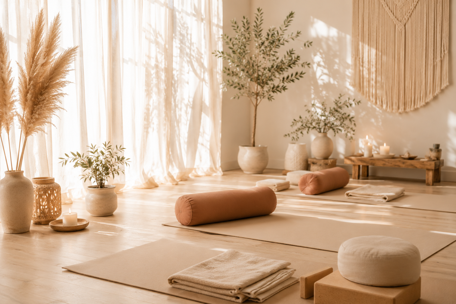 A cozy yoga room with soft natural light, beige mats, bolsters, and folded towels, surrounded by potted plants and candles, with minimalist decor including a woven wall hanging.