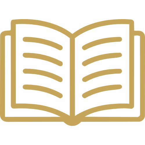 Icon of an open book with lines representing text, in tan on a black background.