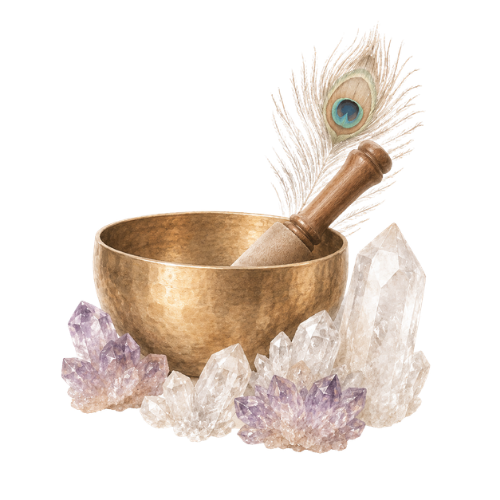 A brass singing bowl with a wooden mallet resting inside, surrounded by amethyst crystals and a peacock feather, on a plain white background.