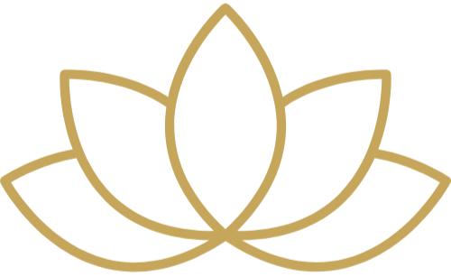 Minimalist gold line drawing of a lotus flower with five petals.