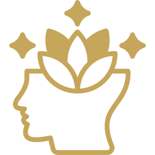 Silhouette of a person's profile with a lotus flower and stars inside the head, symbolizing mental wellness or enlightenment.
