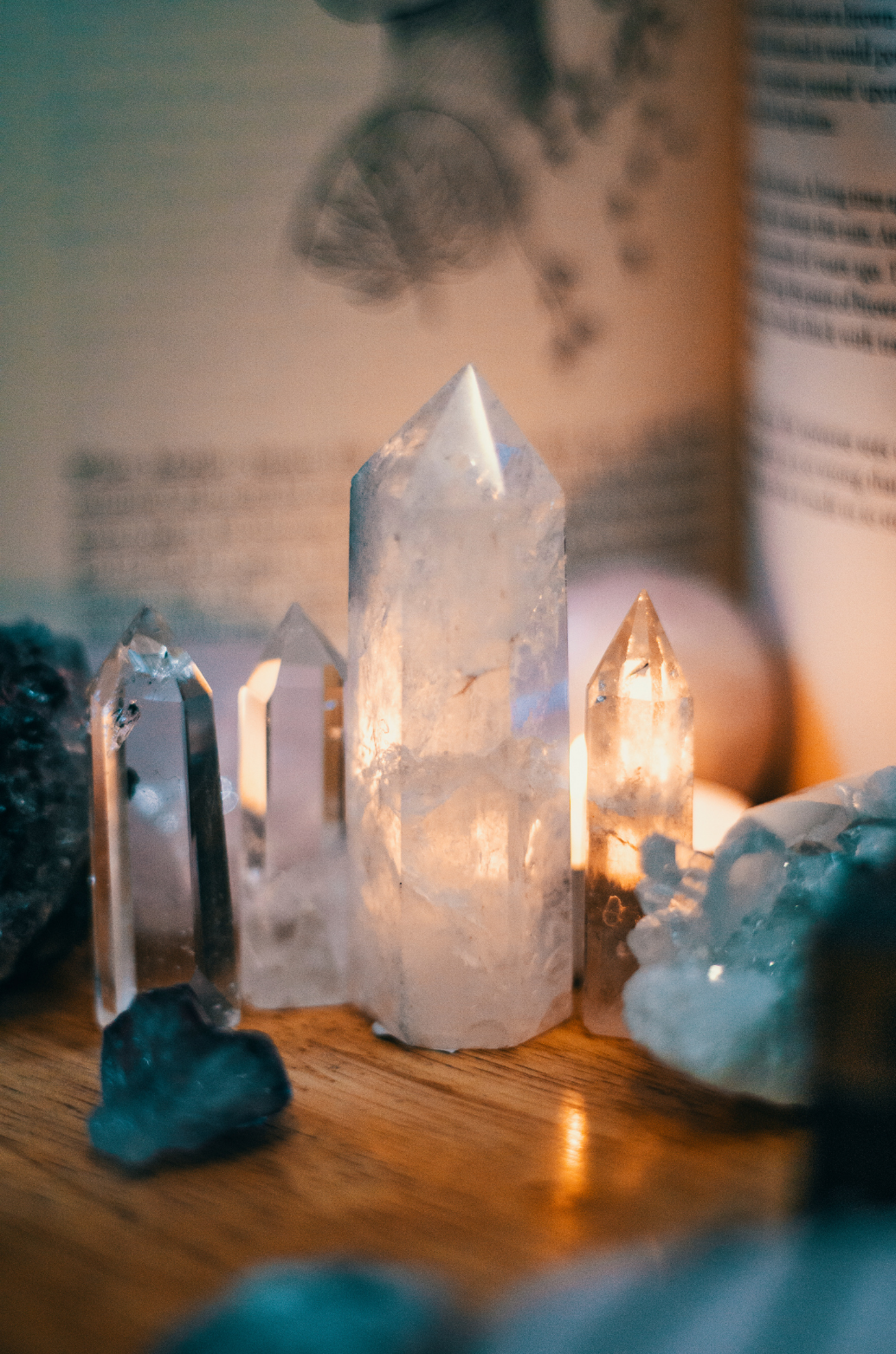 Various crystals, including a large white quartz point, displayed on a wooden surface with background packaging.
