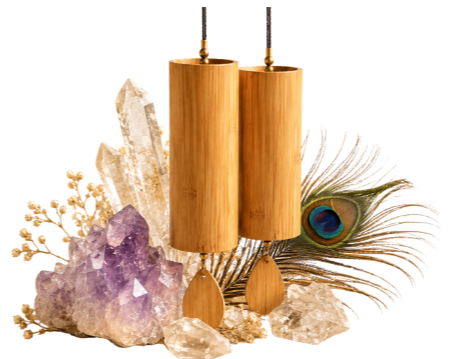 Decorative items including wooden lamps, amethyst crystals, a peacock feather, and other stones.