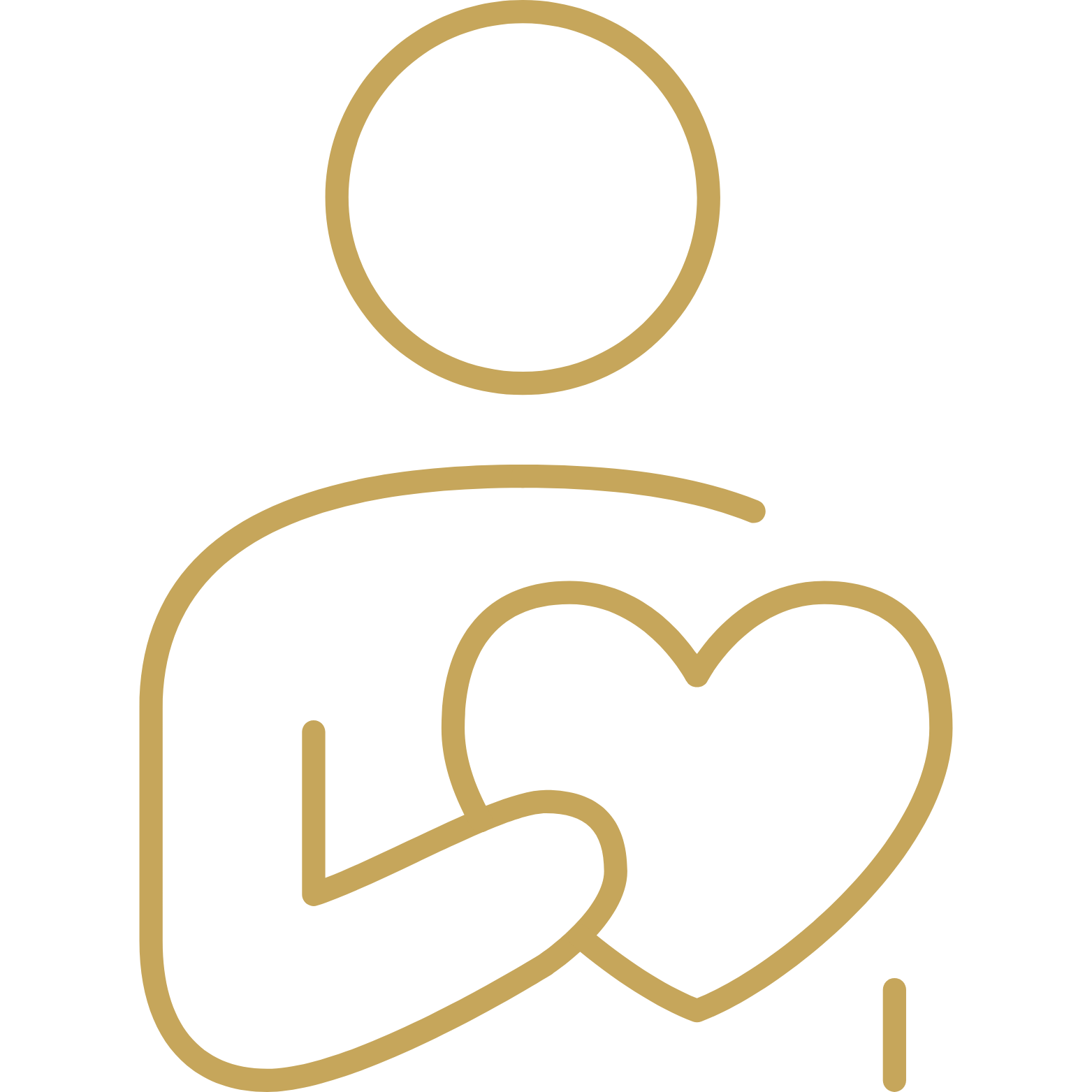 Outline of a person hugging a heart in gold color on a black background.