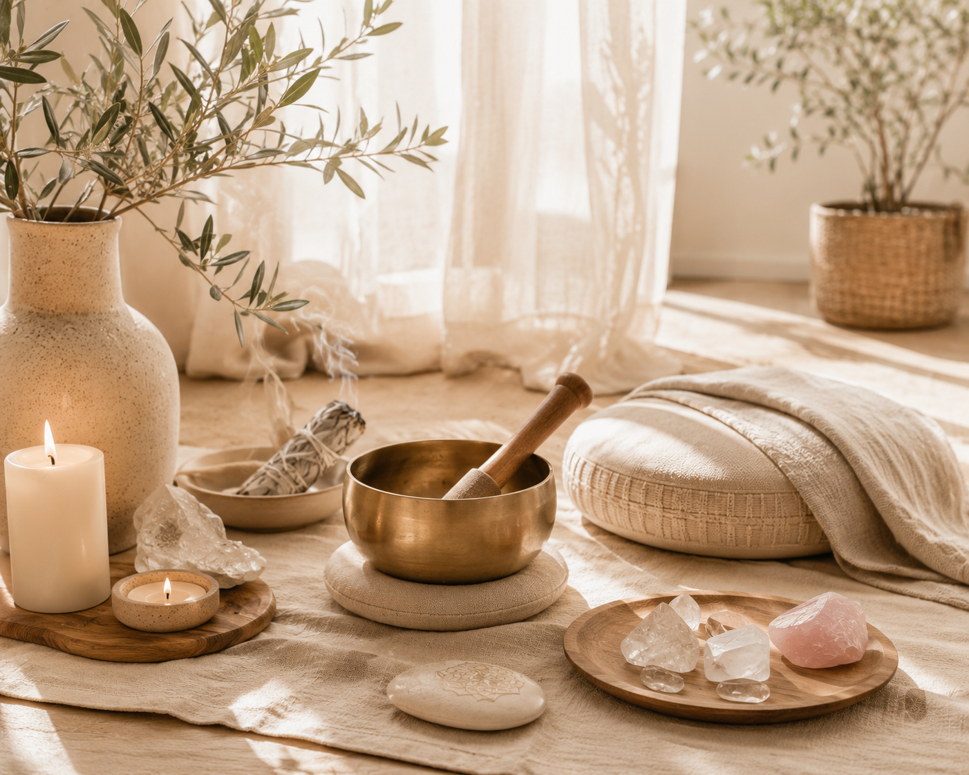 Peaceful meditation space with candles, crystals, a singing bowl, and plants in a sunlit room with cream-colored curtains.
