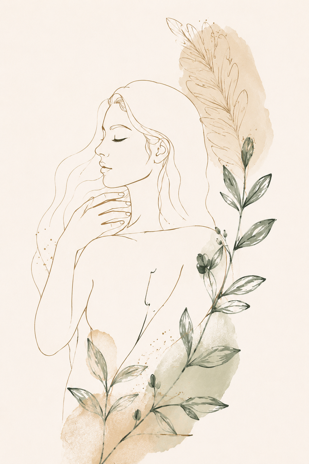 Line art drawing of a woman with long flowing hair, her eyes closed and hand near her chin, surrounded by botanical elements with watercolor-like textures.