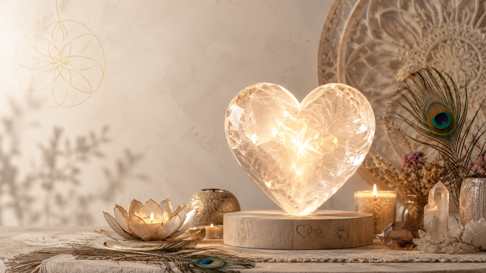 A glowing heart-shaped crystal lamp sits on a wooden platform, surrounded by candles, peacock feathers, and decorative items in a cozy, warmly lit setting.
