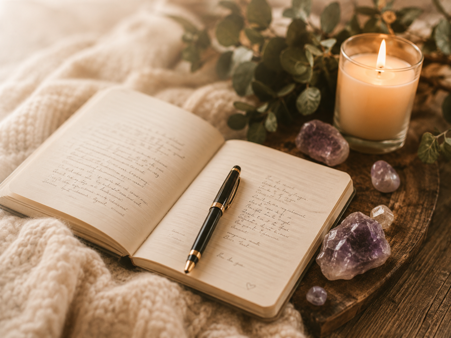 An open journal with handwritten notes and a pen placed inside, resting on a wooden surface. Surrounding the journal are crystals, a lit candle, and greenery, creating a cozy, relaxing atmosphere.
