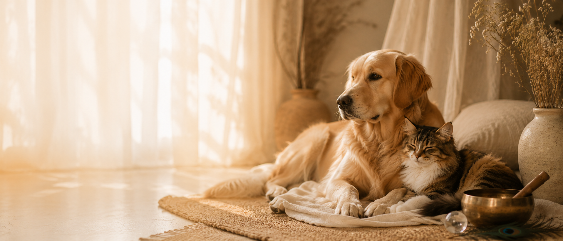 A golden retriever and a tabby cat lying together on a blanket indoors with warm lighting, a large vase with dried flowers, and a brass singing bowl nearby.