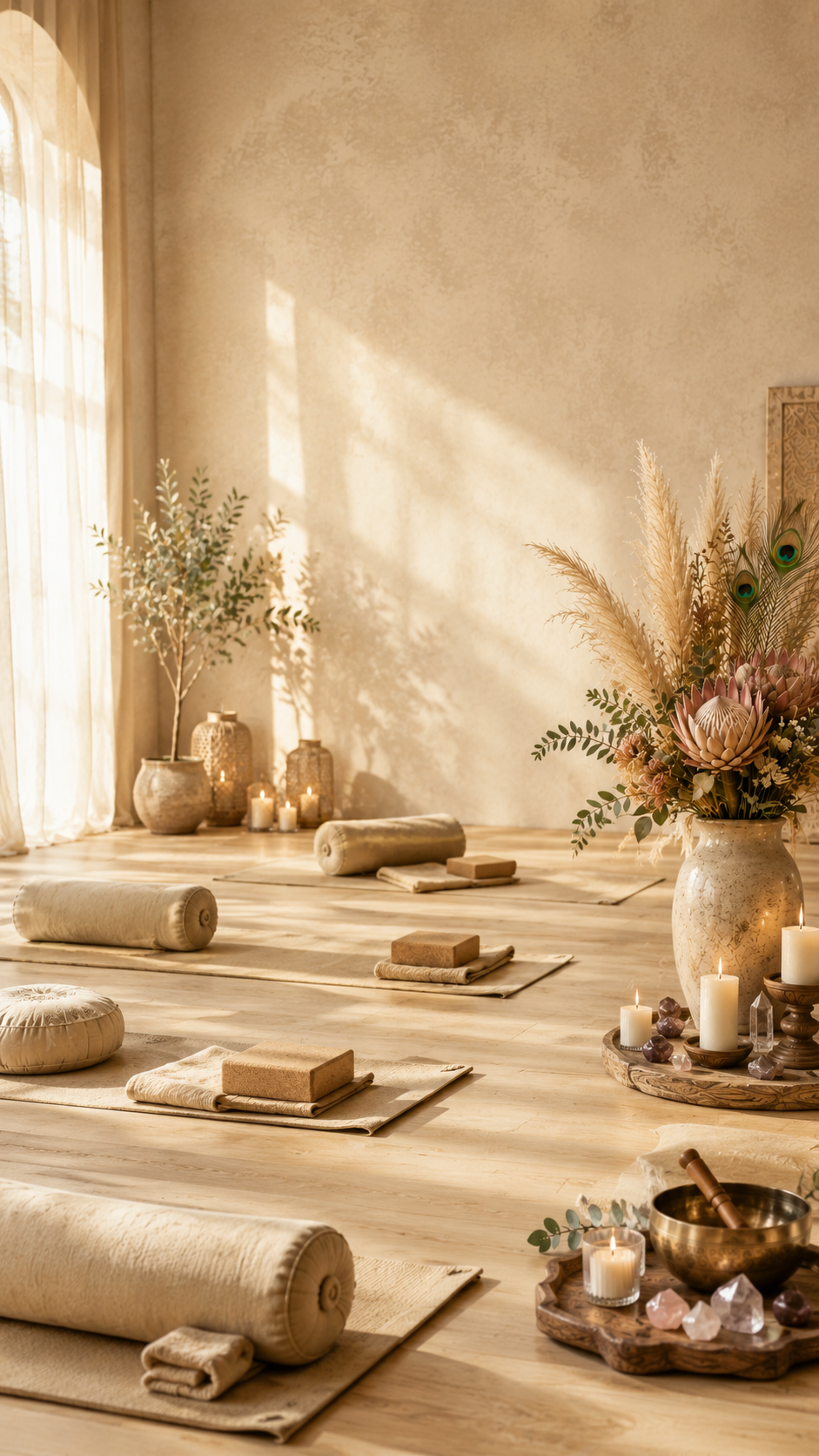 A peaceful yoga or meditation space with mats, bolsters, candles, and decorative plants and flowers in earthy tones, illuminated by natural sunlight.