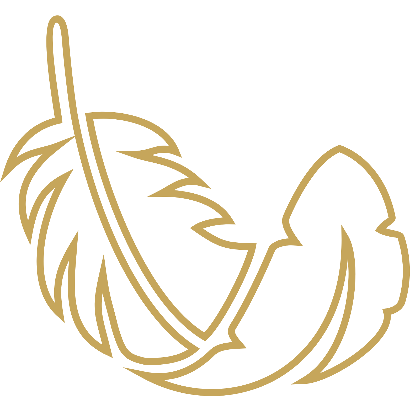 A gold outline of a six-petaled flower with a central circular shape, on a black background.