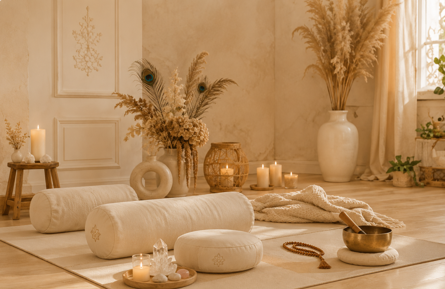A cozy, softly lit room with a meditation setup featuring low, rounded cushions and bolsters on a beige rug. There are candles, crystals, and a mala necklace on a wooden tray. Large vases with dried pampas grass and other plants adorn the background, along with a basket of candles. The room has a warm, neutral color palette with natural textures and gentle sunlight filtering through a window.