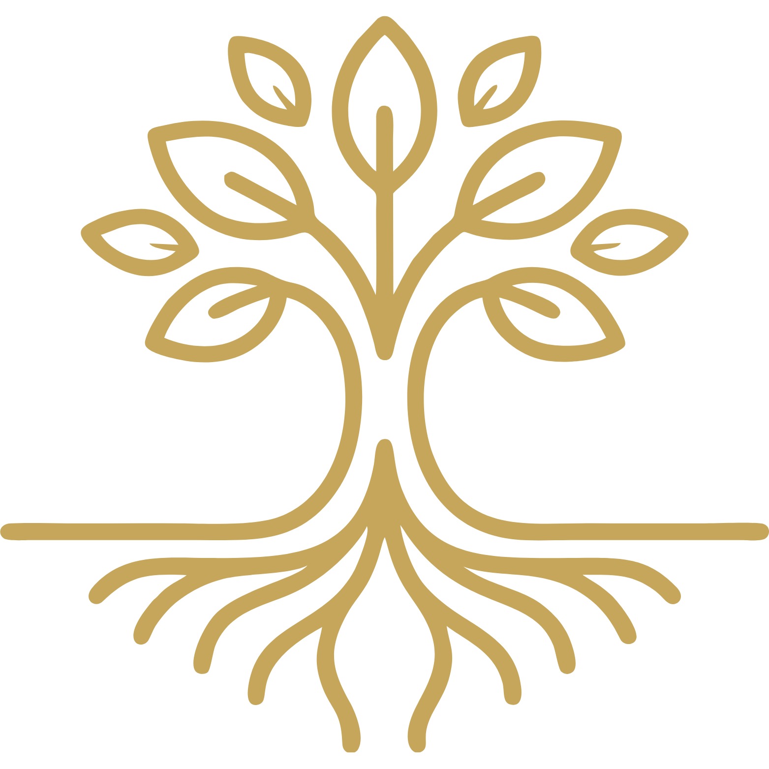 A gold line art illustration of a tree with roots against a black background.