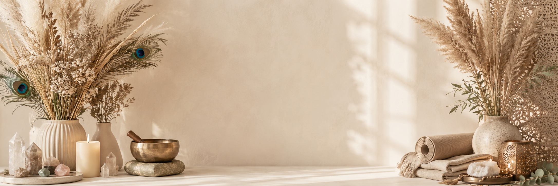 Decorative arrangement with vases of dried flowers, a lit candle, a singing bowl on a cushion, crystals, rolled yoga mat, folded towels, and candles on a light surface, with a soft shadowed wall background.